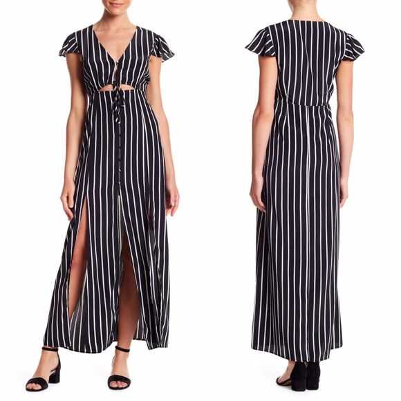 Honey Punch Women S Dress Black White Maxi Striped Slits Cut Out V Neck - Picture 1 of 6